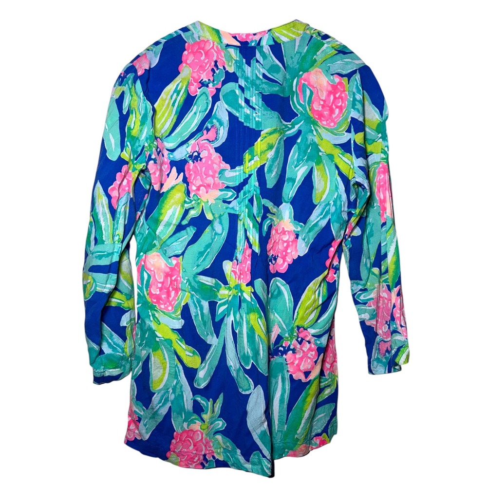 Lilly Pulitzer Small Rayon Tunic Top Blue Pink Tropical Print Popover - Picture 2 of 4